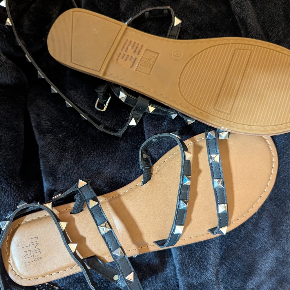 Time and Tru Black Studded Strappy Ankle-Sandal - Picture 3 of 4
